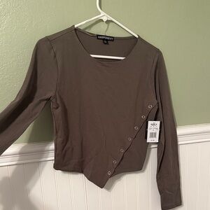 Harper Olive Asymmetrical Snap-Detail Long Sleeve Top